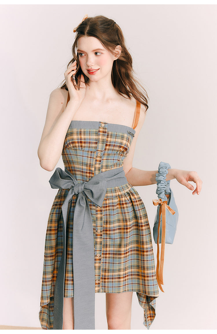 Back Ribbon Plaid Short Suspender One-piece