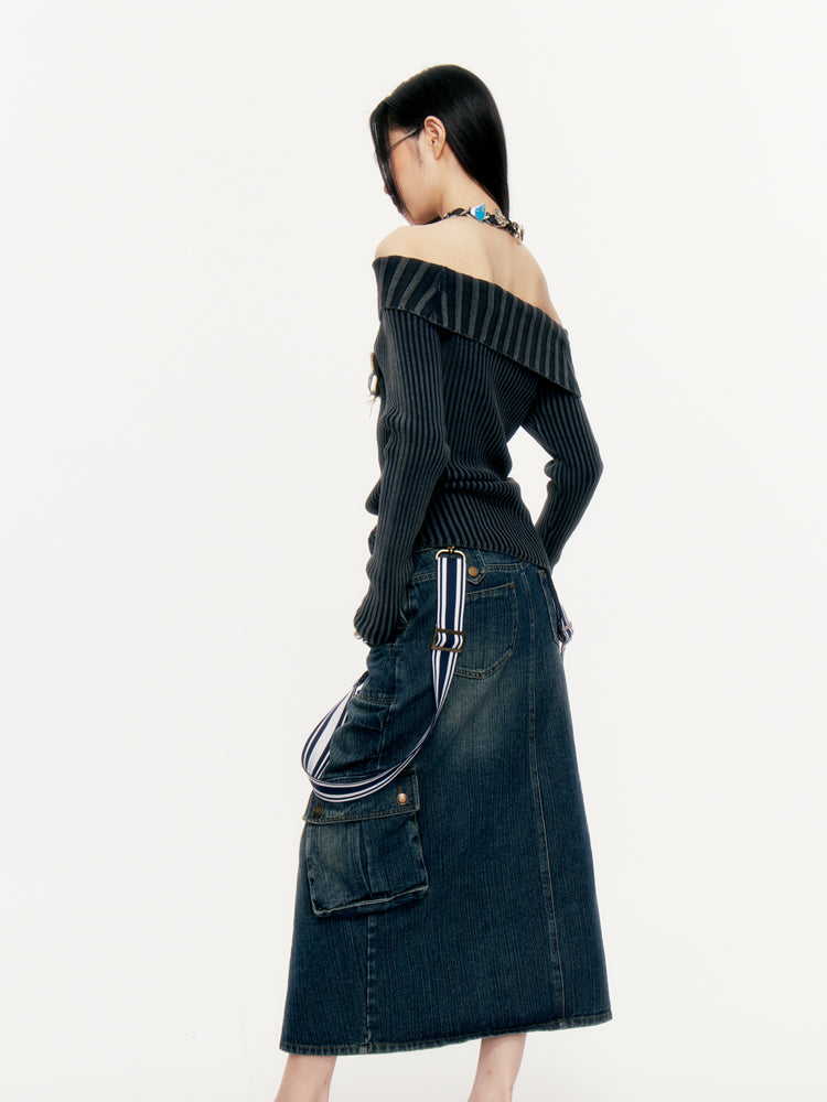 Navy Style Striped Denim Long Skirt