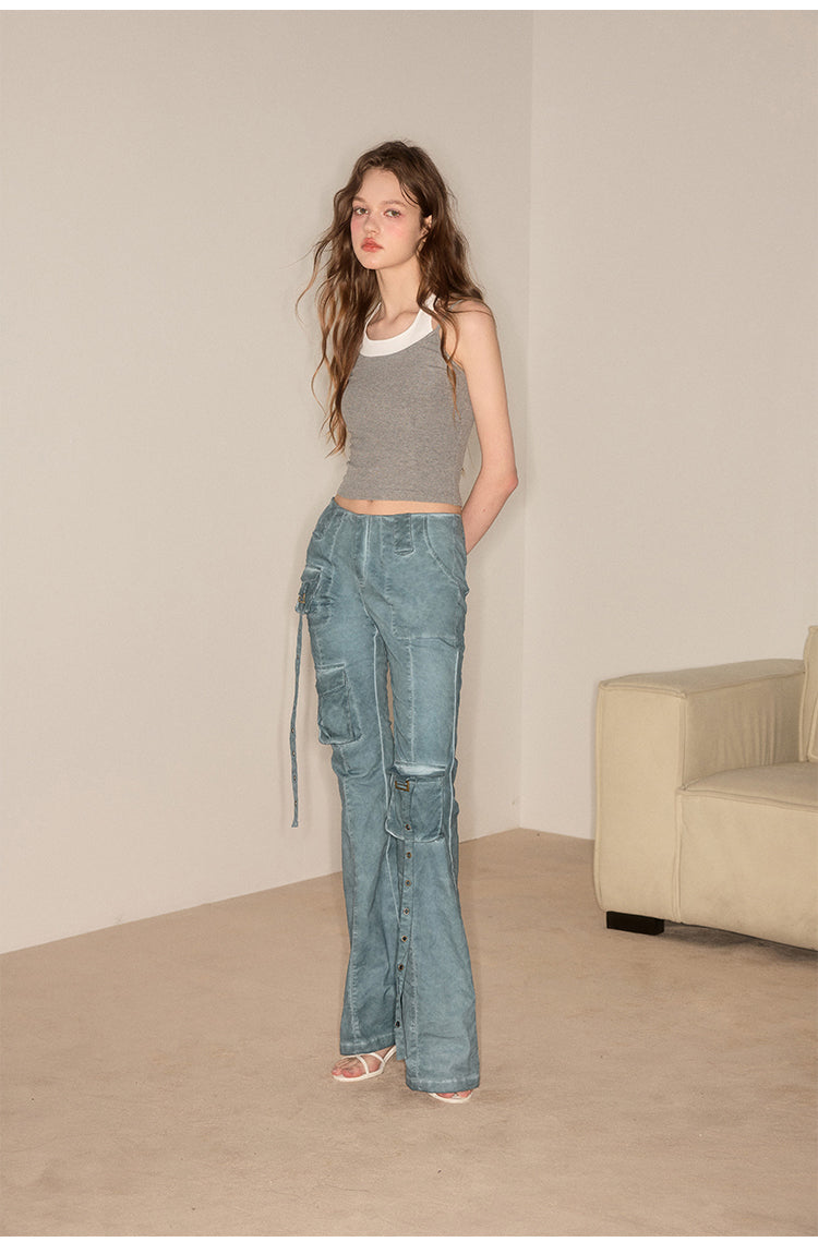 Flare Wash Overall Wide Leg Pants