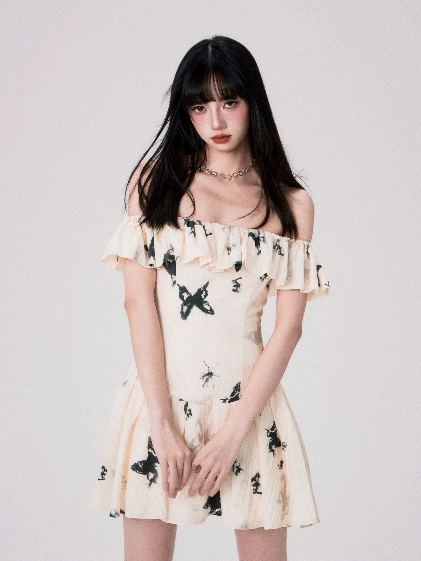 Off Shoulder French Butterfly Print Dress