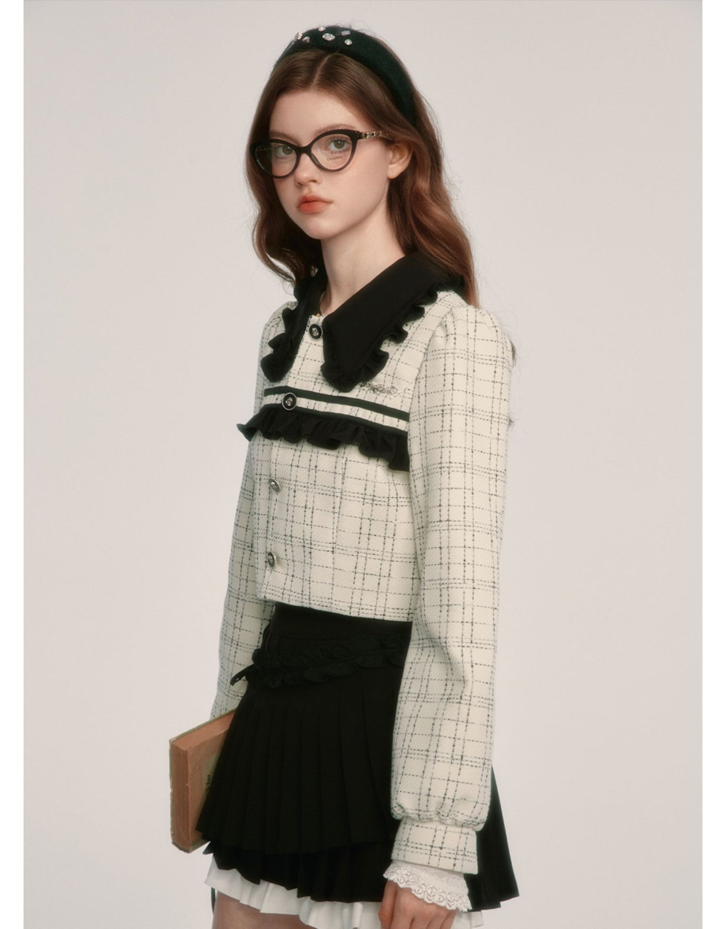 College Style Tweed Blouse & Pleated Skirt