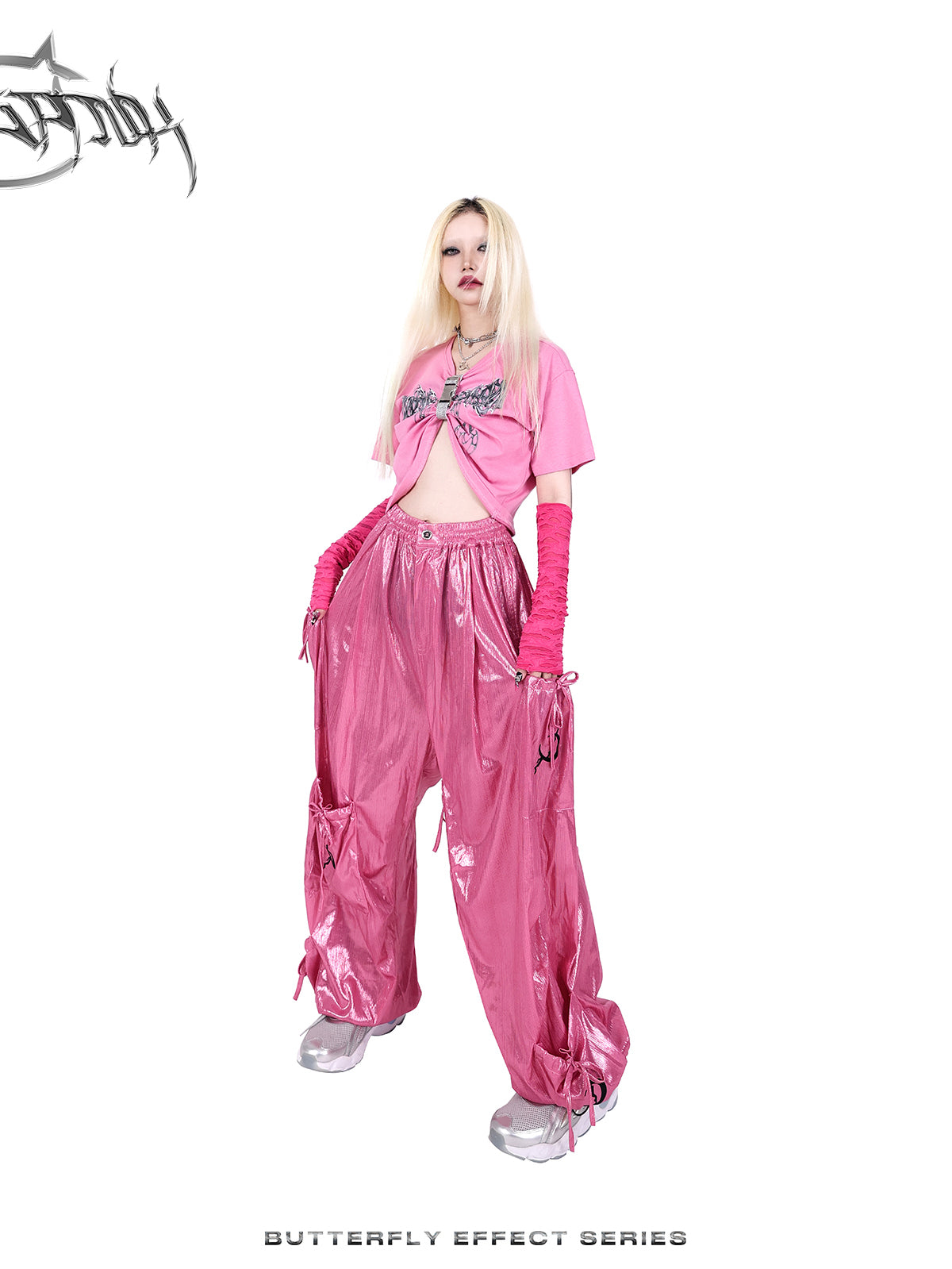 Wide-leg multi-pocket shiny cargo pants