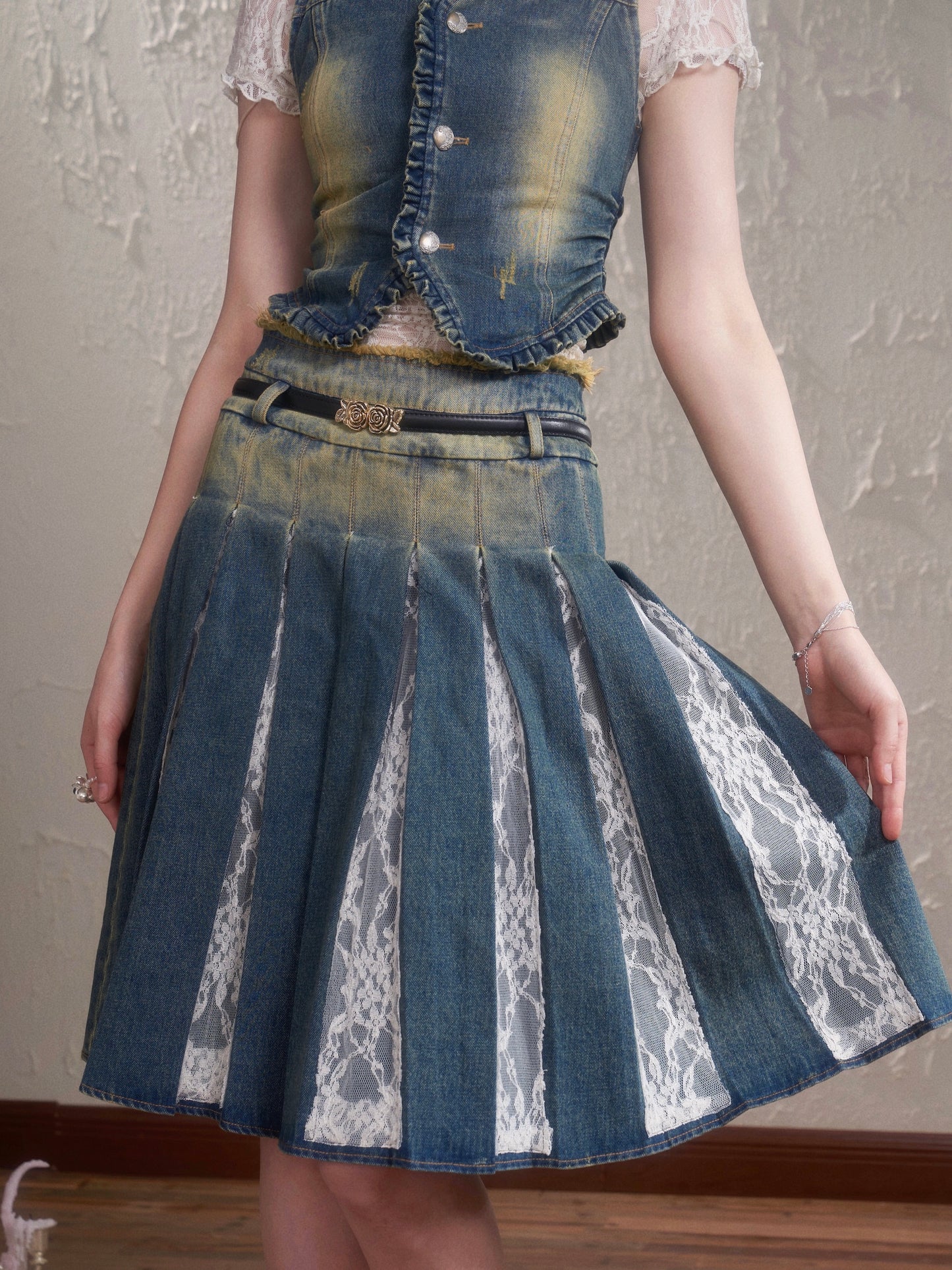 Lace Denim Vest and Pleated Skirt Setup