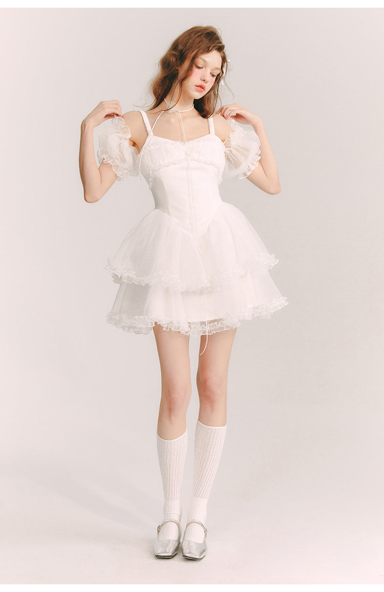 Frill Suspender Puff Skirt Short Dress