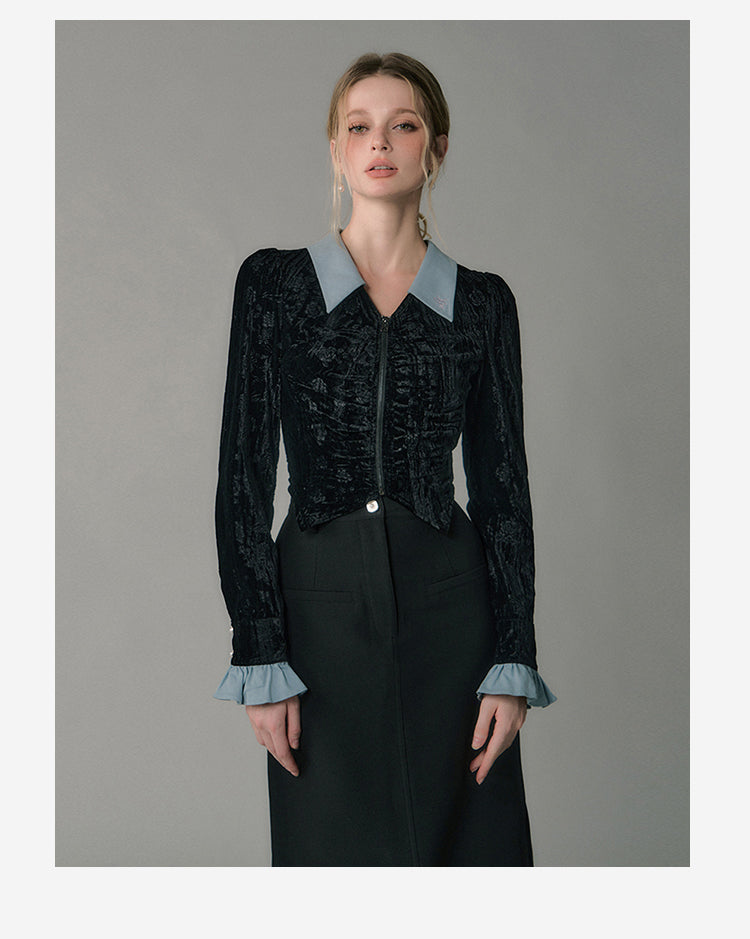 Retro design contrast velvet pleated shirt