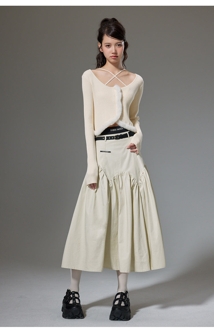 High Waist Stitch Pleated A-Line Long Skirt