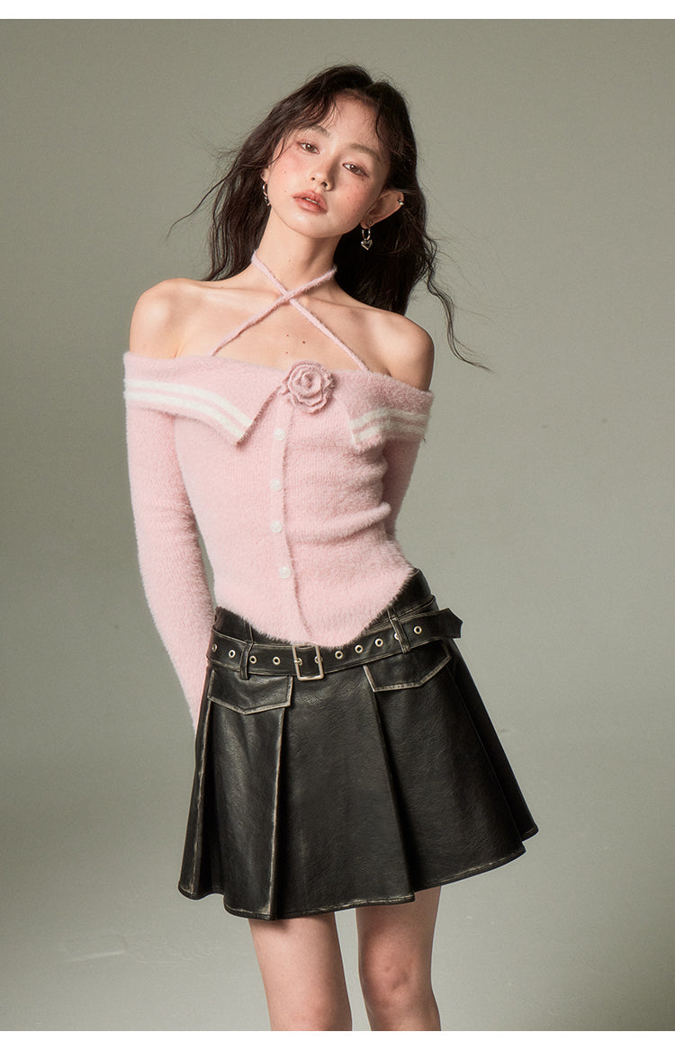 Off-the-shoulder Rose Strap Knit