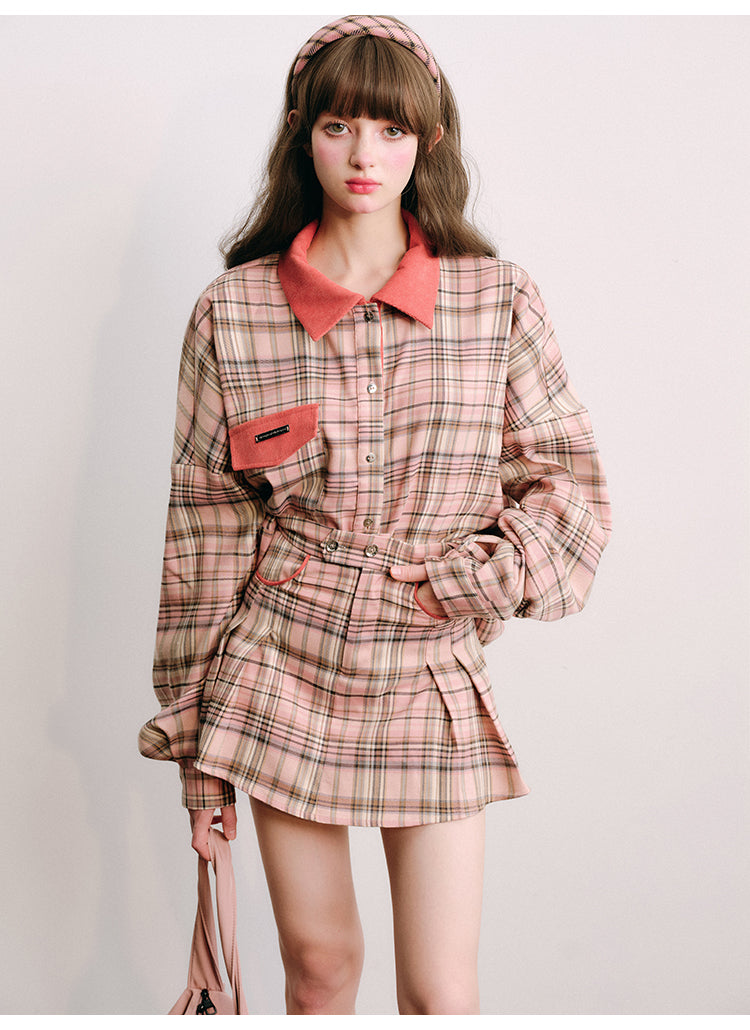 Loose Fit Plaid Shirt Jacket &amp; Pleated Skirt Set-Up