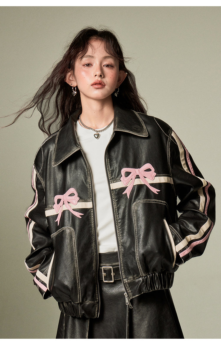 Retro Black Ribbon Leather Jacket