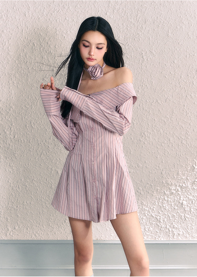 Off-Shoulder Striped Short Length Shirt Dress