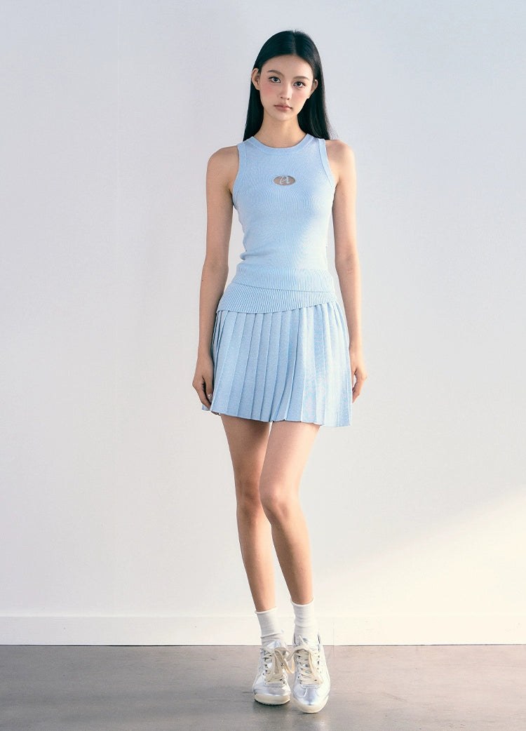 Slim Fit Sleeveless Knit Top &amp; Short Pleated Knit Skirt