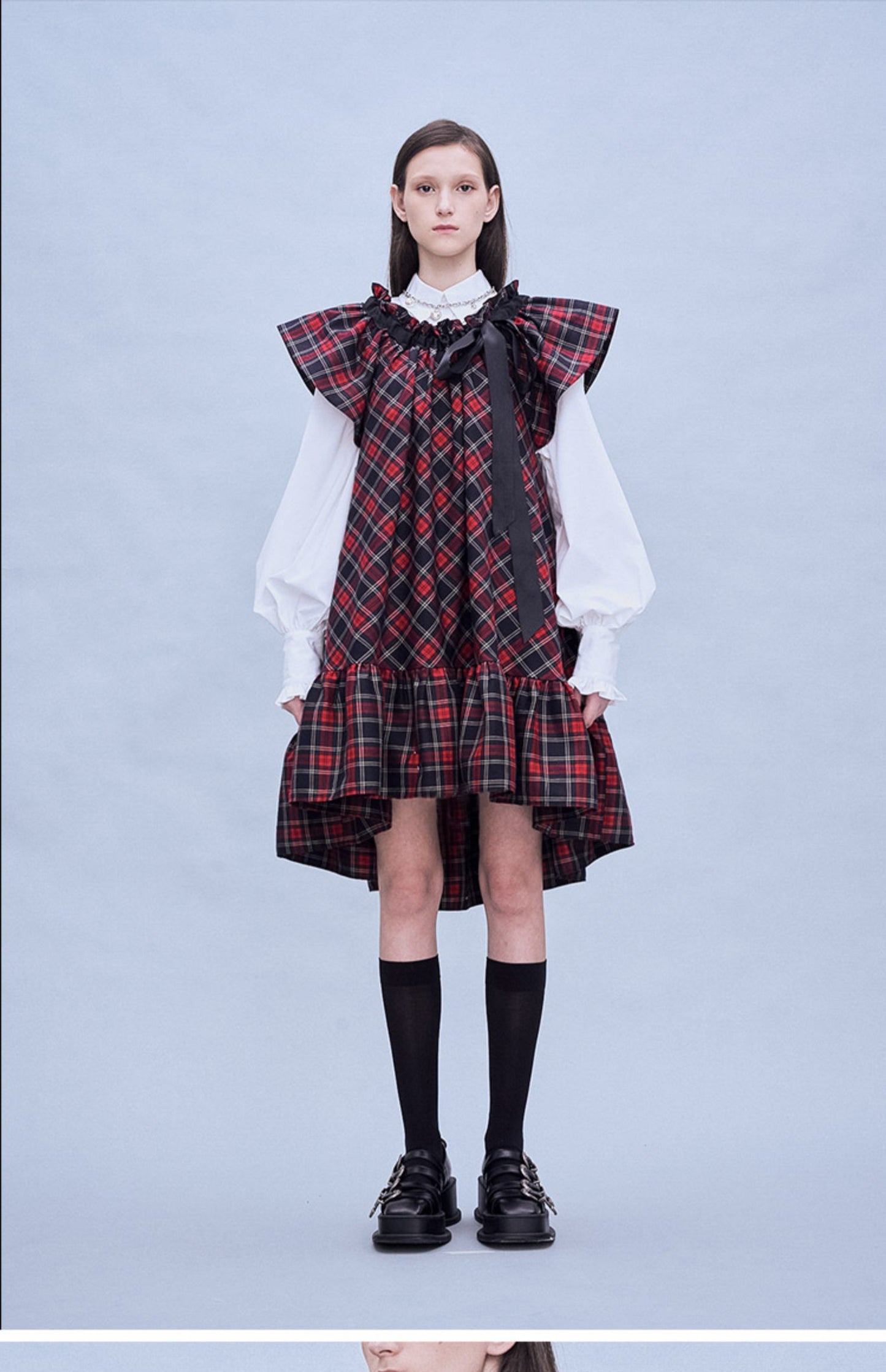 Plaid Neck Ribbon A-line Dress