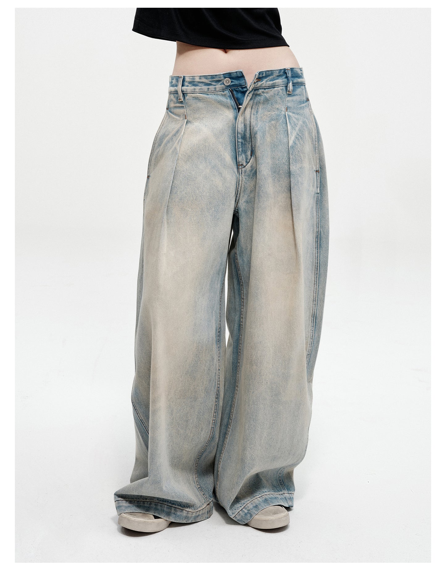 Retro-washed loose silhouette casual denim pants