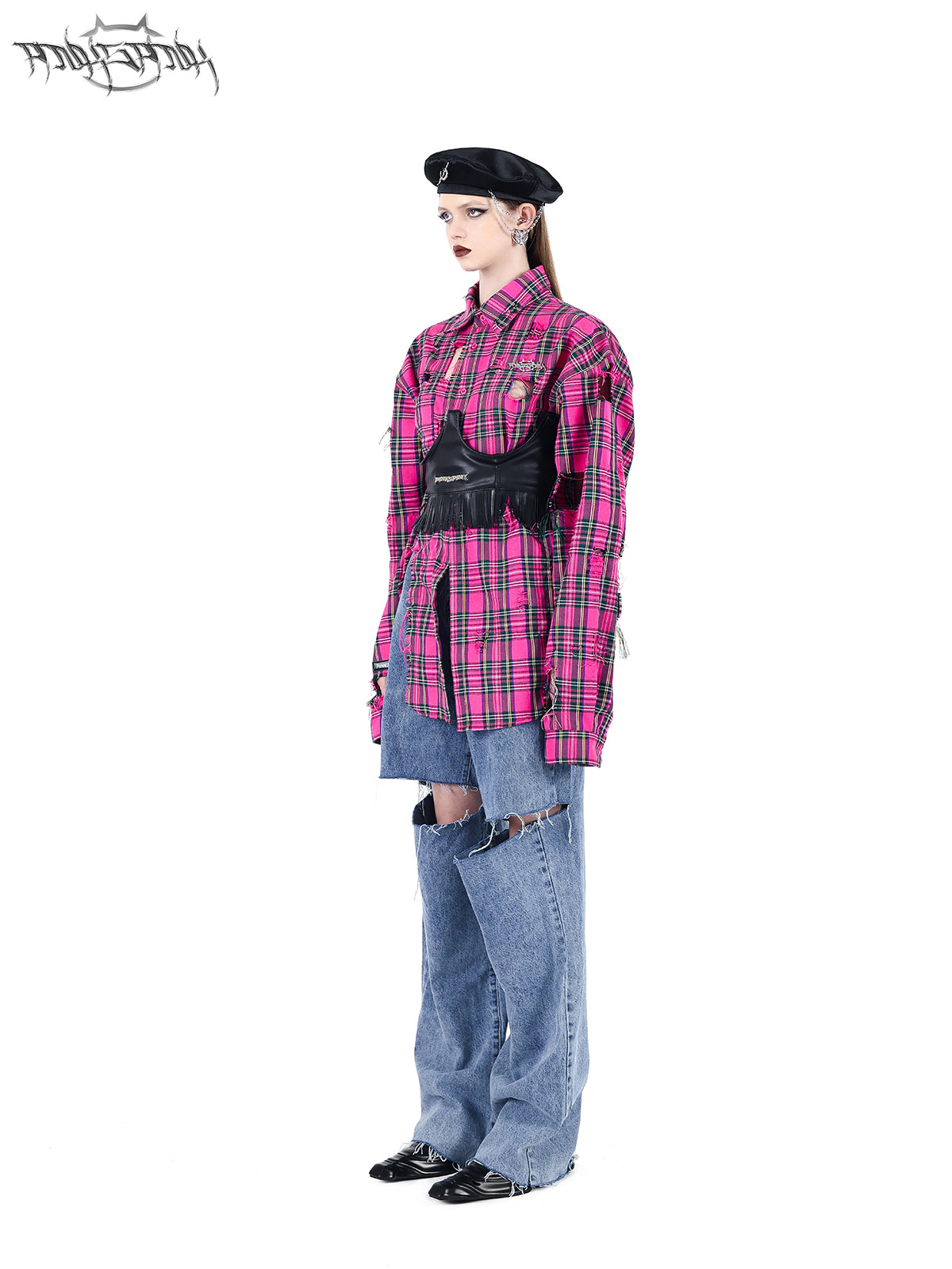 Loose fit pink plaid damaged shirt