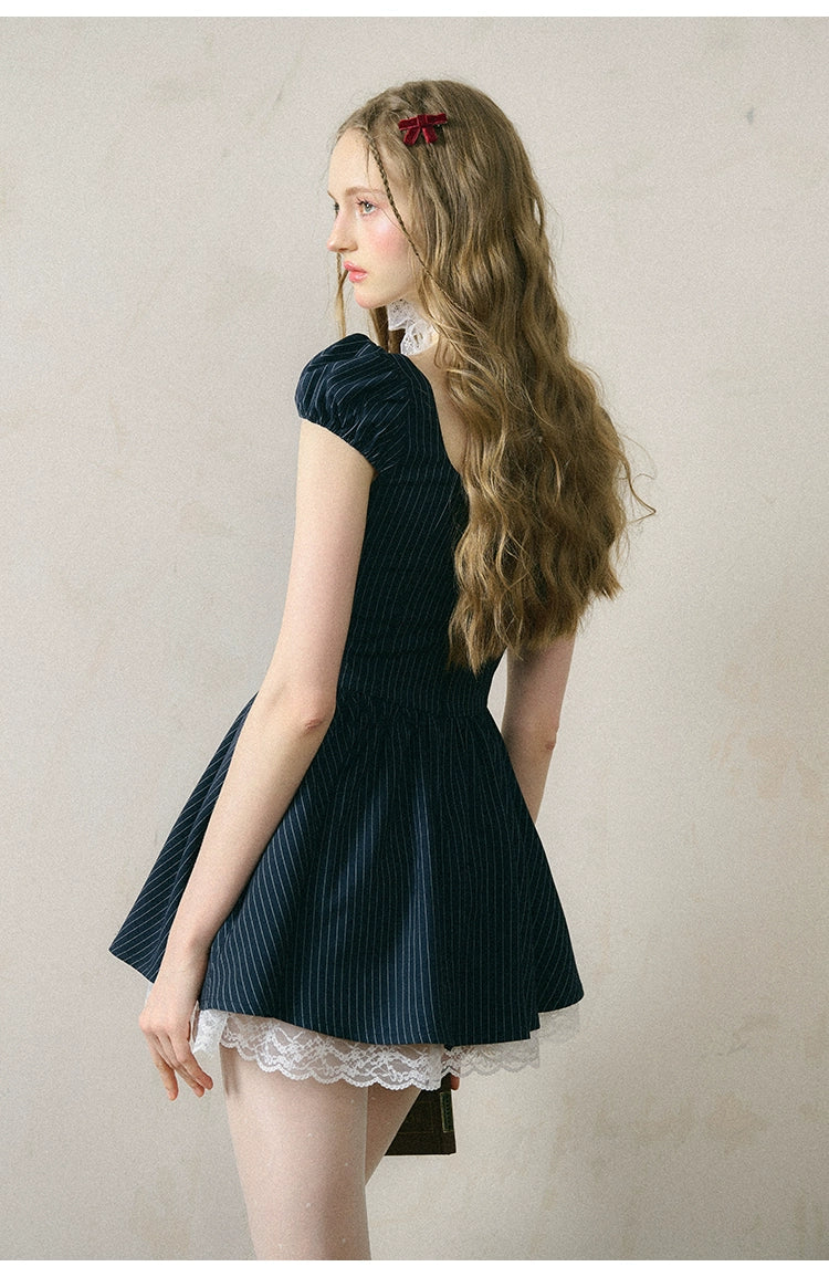 Ribbon Lace Stripe Puff Sleeve Dress