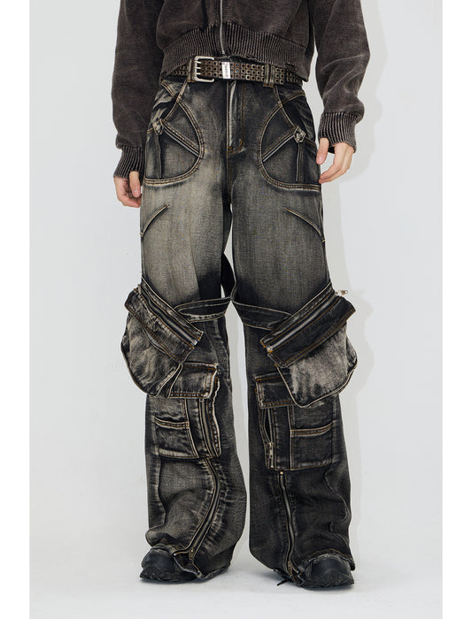 Multi-pocket washed denim pants