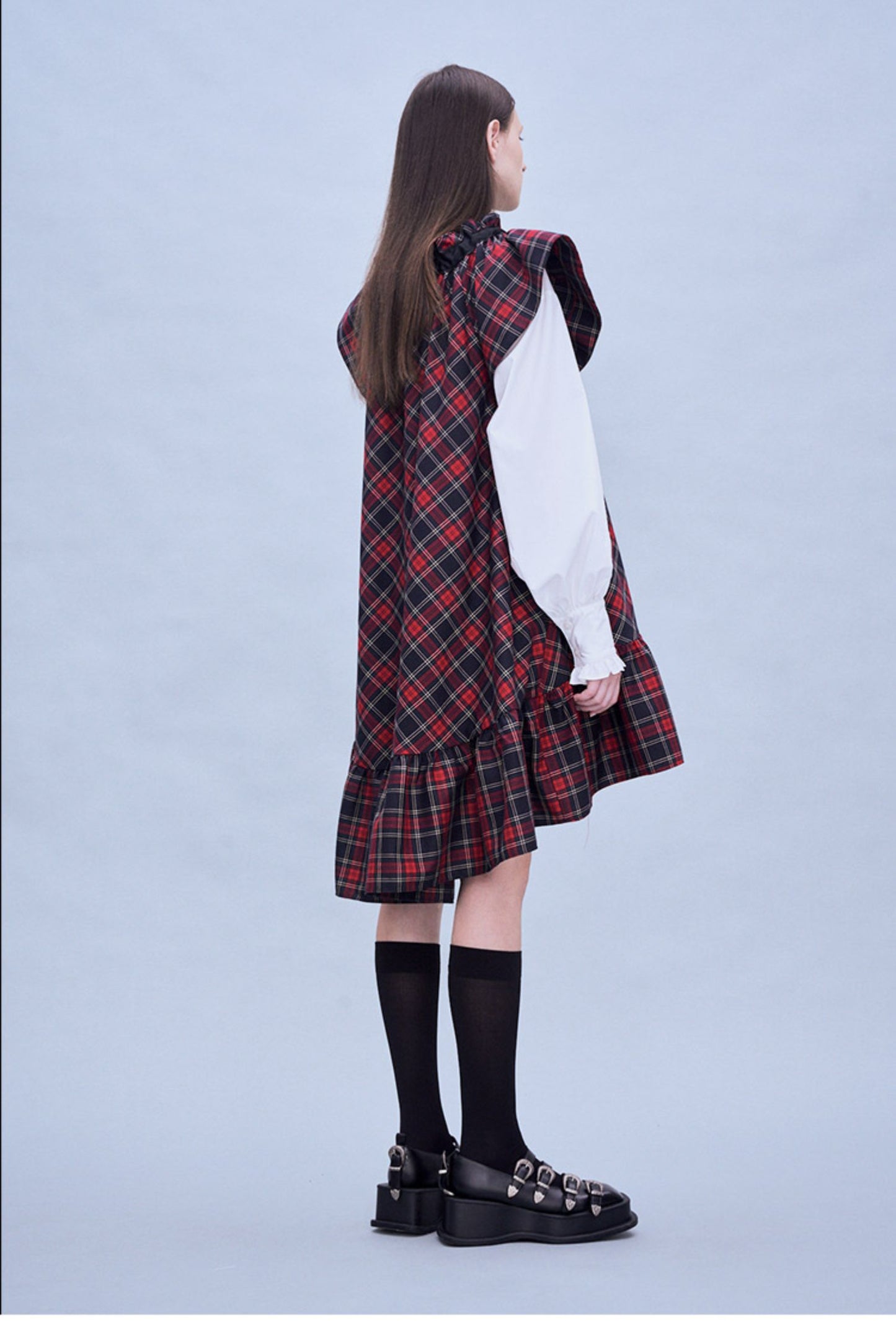 Plaid Neck Ribbon A-line Dress