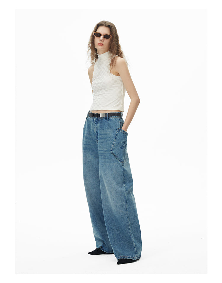 Wide leg irregular pocket washed denim pants