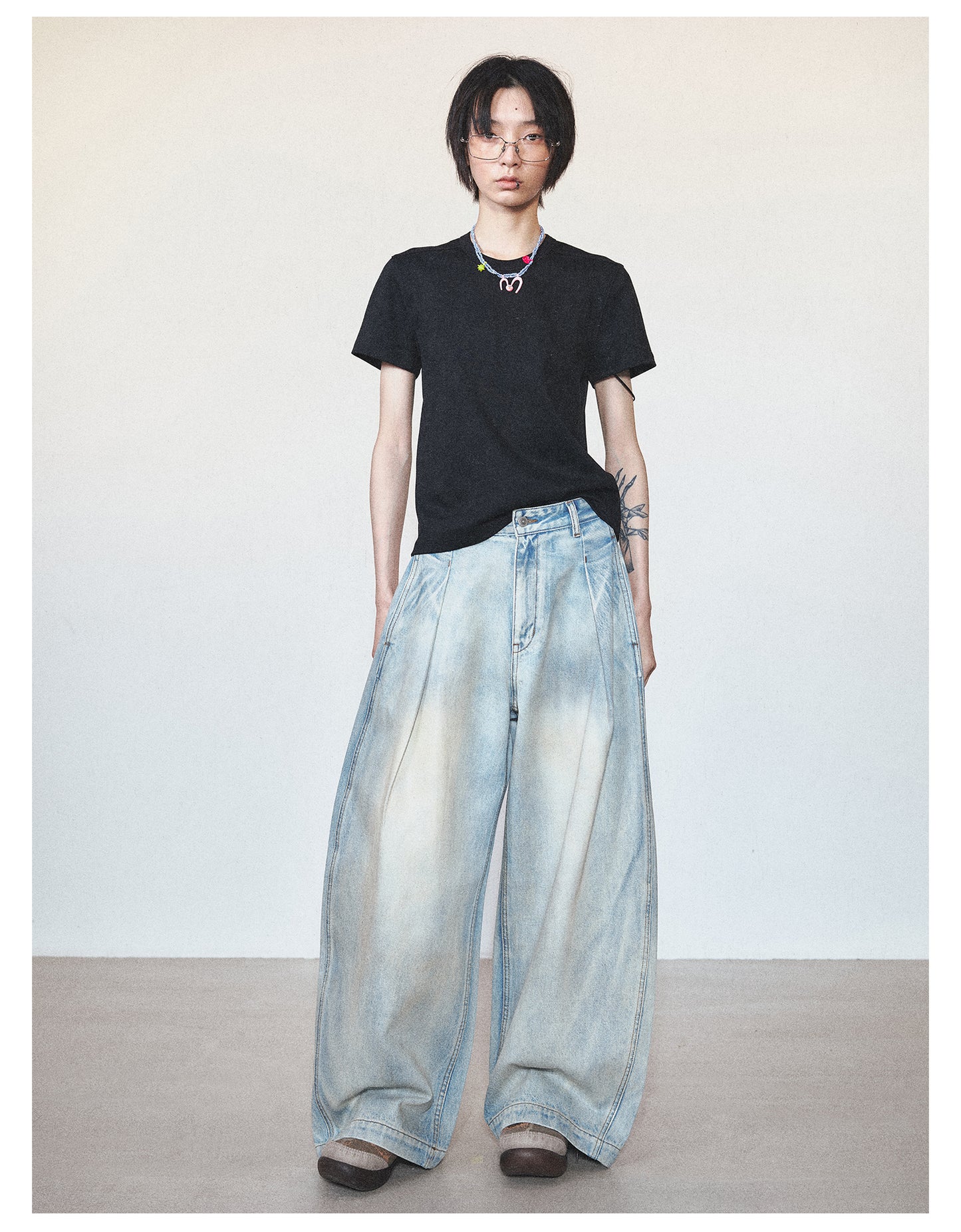 Retro Washed Damaged Wide Leg Casual Denim