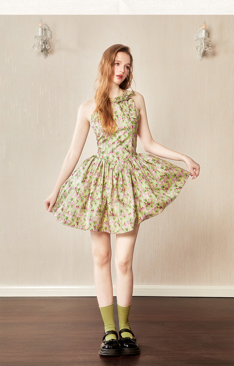 French Floral Retro Oil Painting Dress