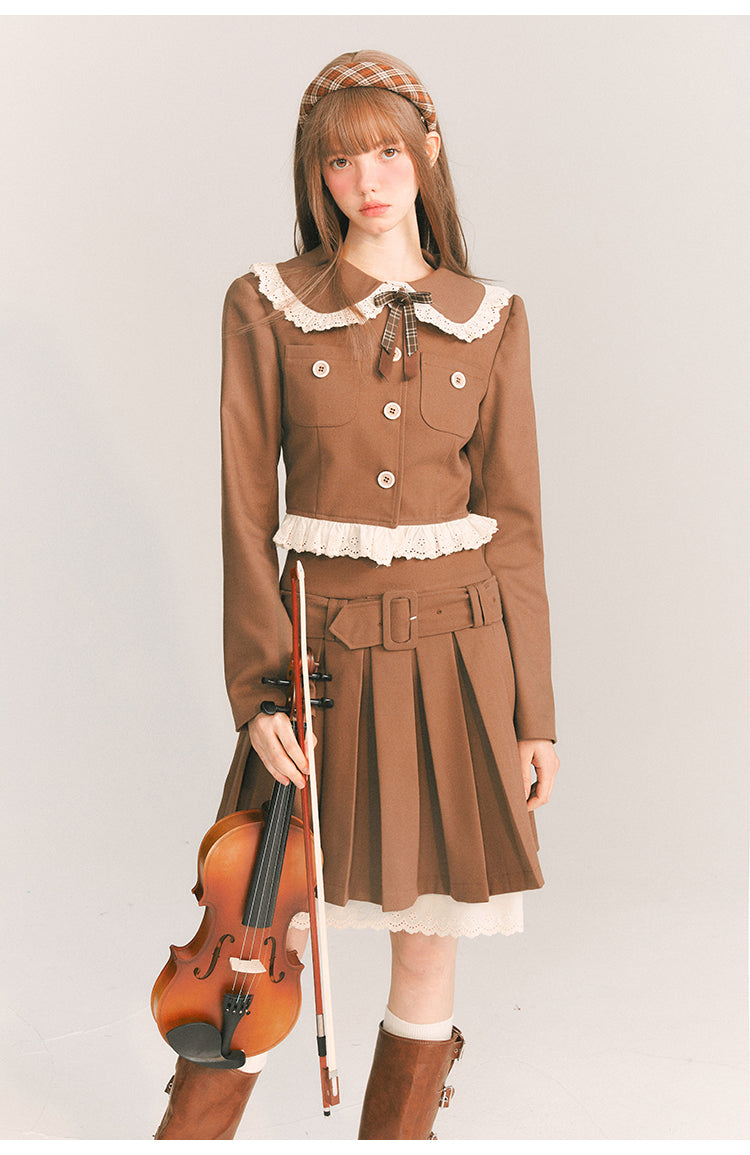 Short Length Frill Neck Jacket & Pleated Skirt Set-Up