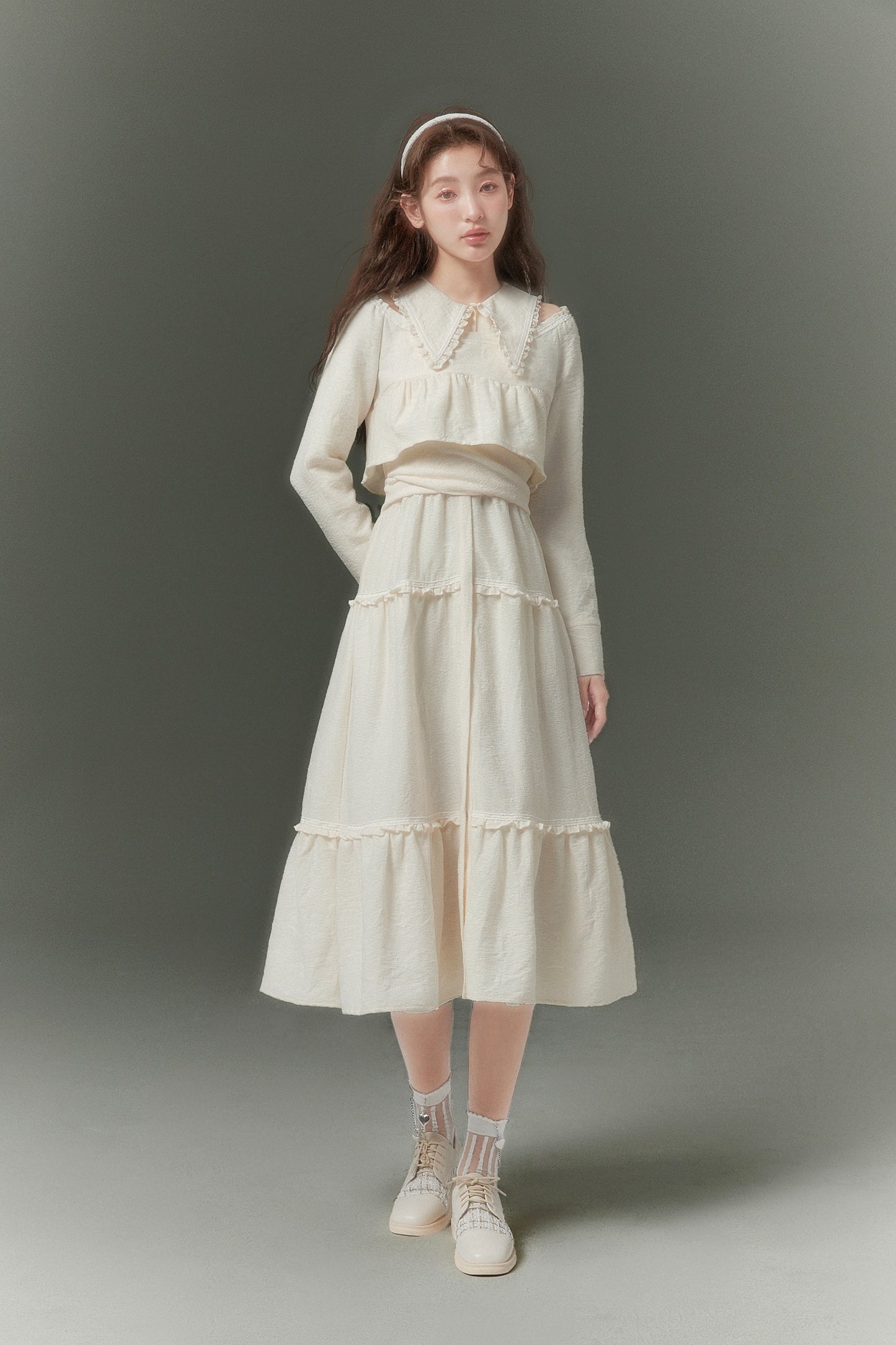 Short Round Neck Long Sleeve Top & Ear Hem Cross Strap Dress