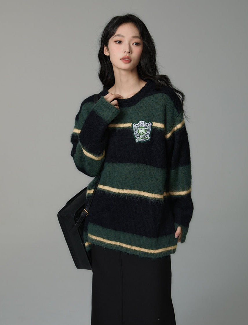 Retro striped round neck loose sweater