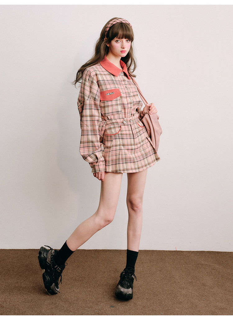 Loose Fit Plaid Shirt Jacket &amp; Pleated Skirt Set-Up