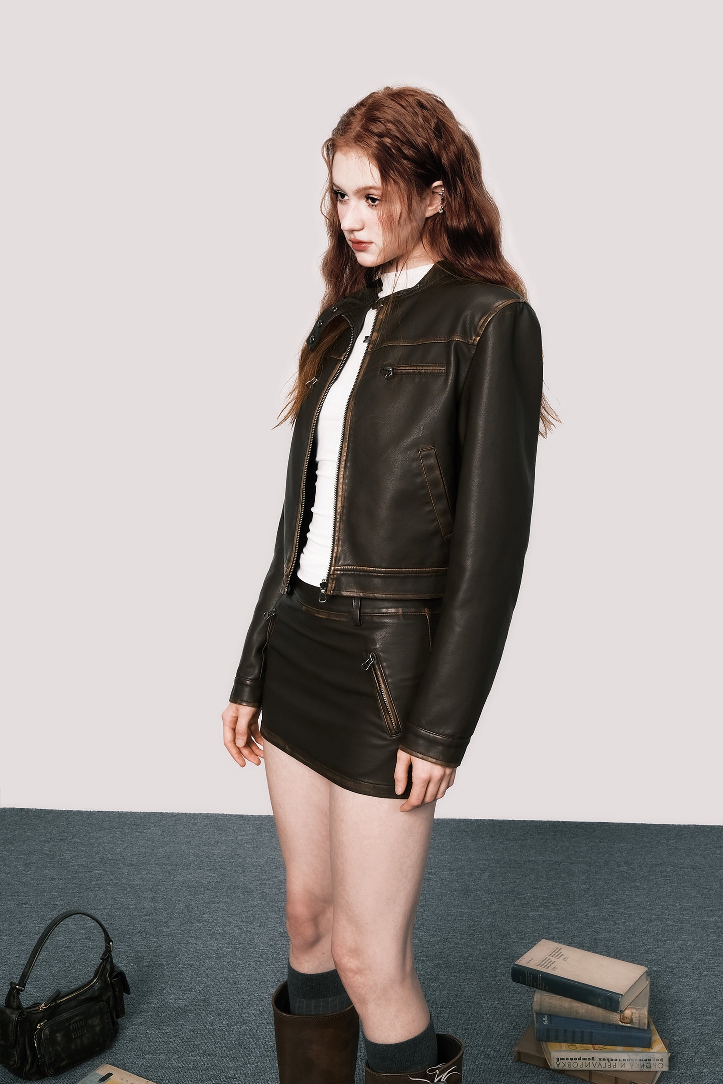 Retro Used Short Length Leather Jacket & Short Leather Skirt Setup