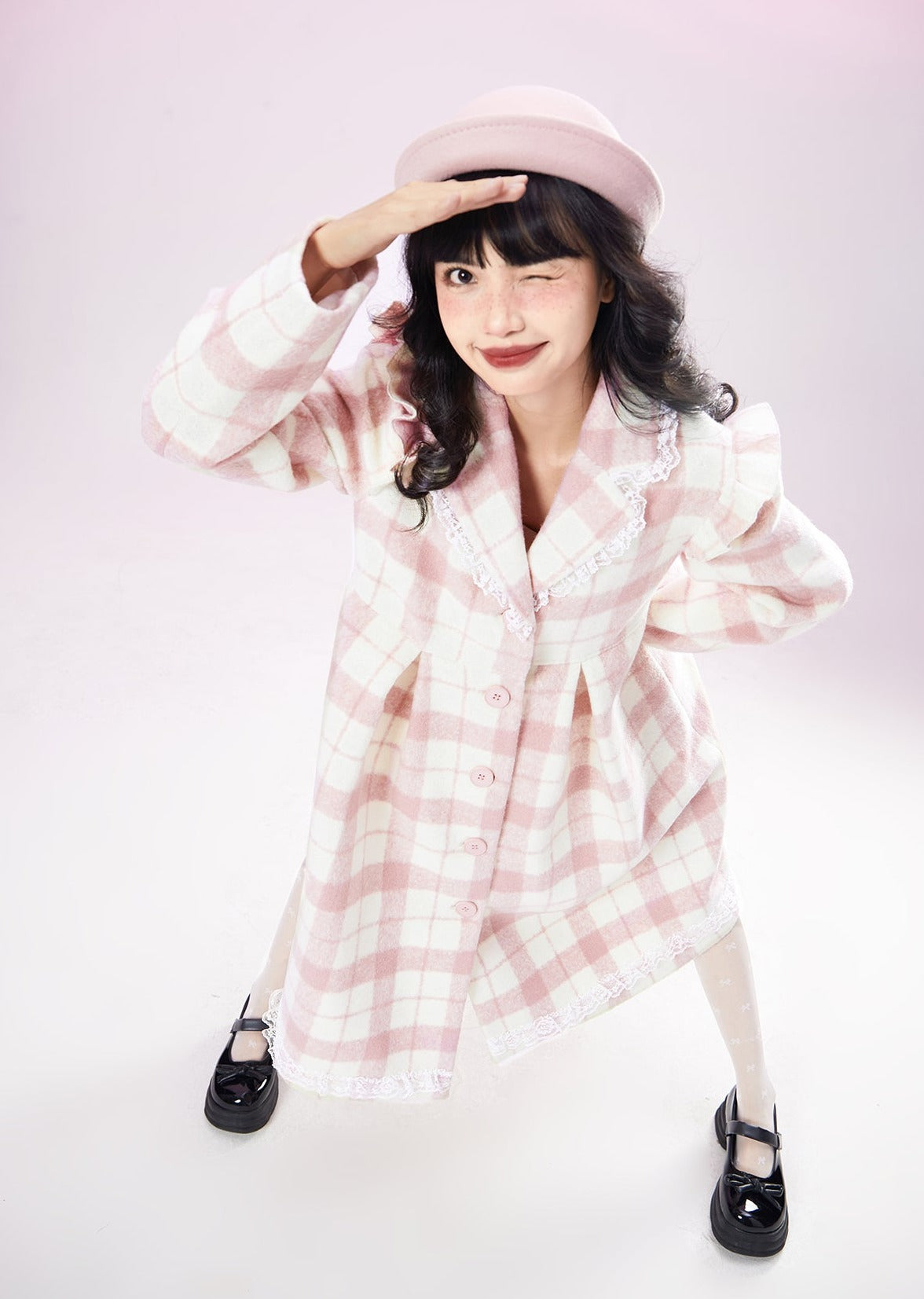 Original Design pink checked wool coat ladies