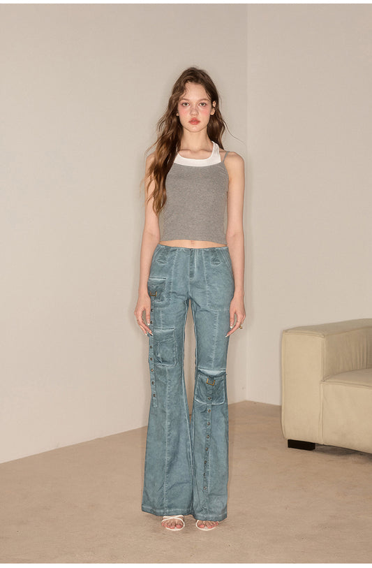 Flare Wash Overall Wide Leg Pants