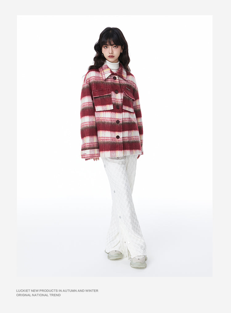 Red Striped Shirt Ledge Style Wool Jacket