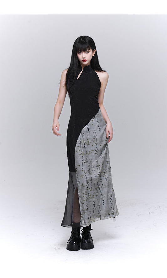 Contrast Color Side Slit Chinese Dress