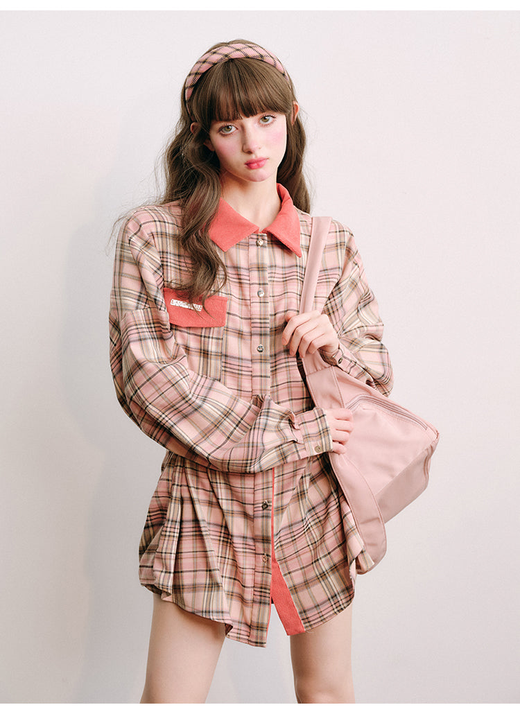 Loose Fit Plaid Shirt Jacket &amp; Pleated Skirt Set-Up