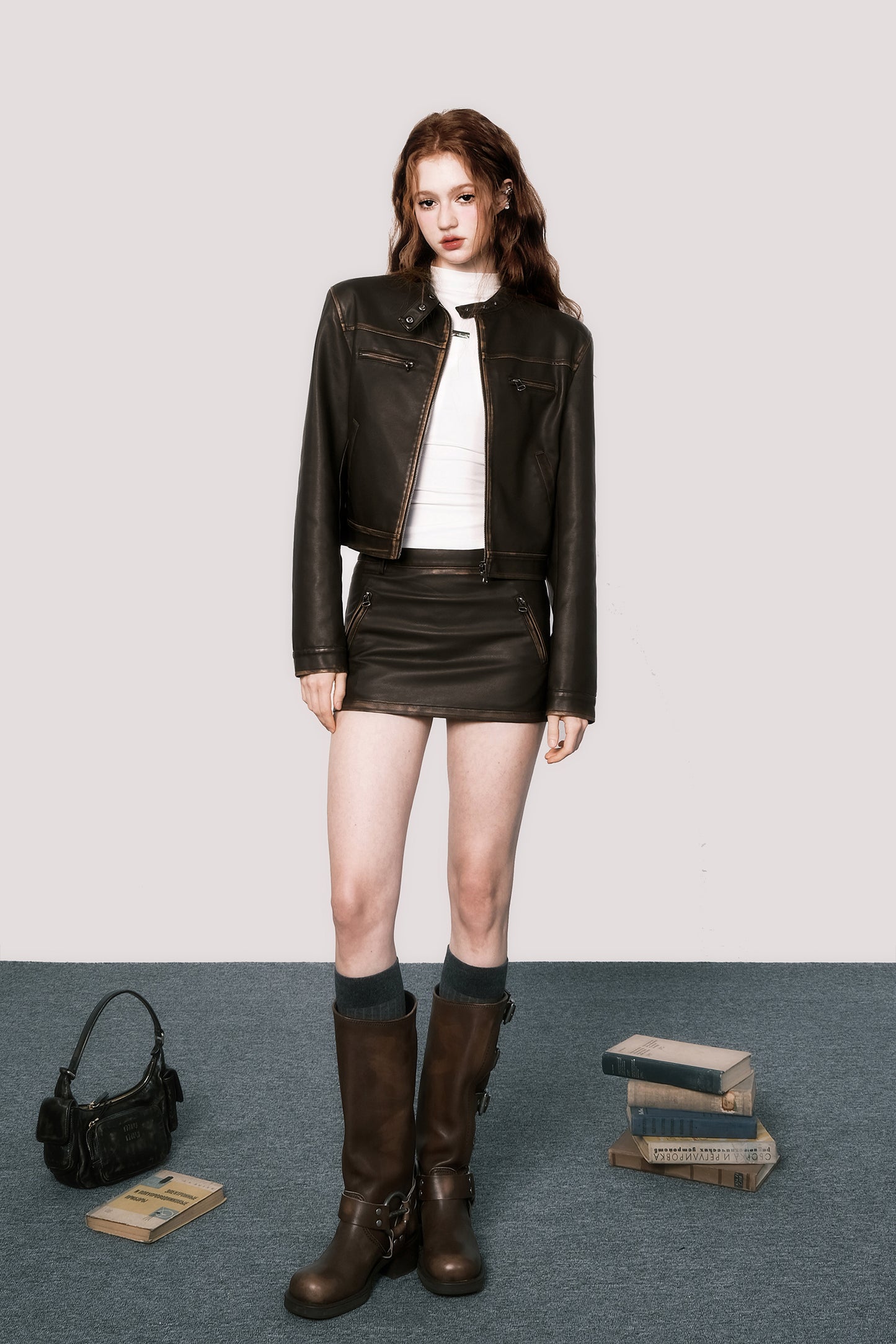 Retro Used Short Length Leather Jacket & Short Leather Skirt Setup