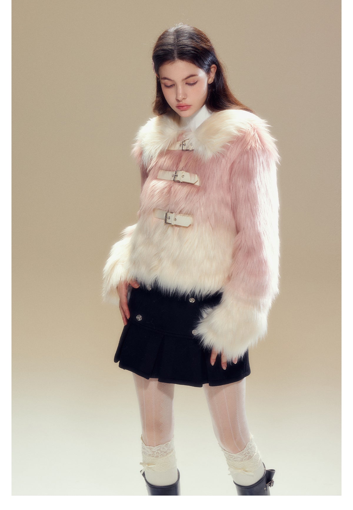 Short Length Gradient Leather Buckle Fur Jacket