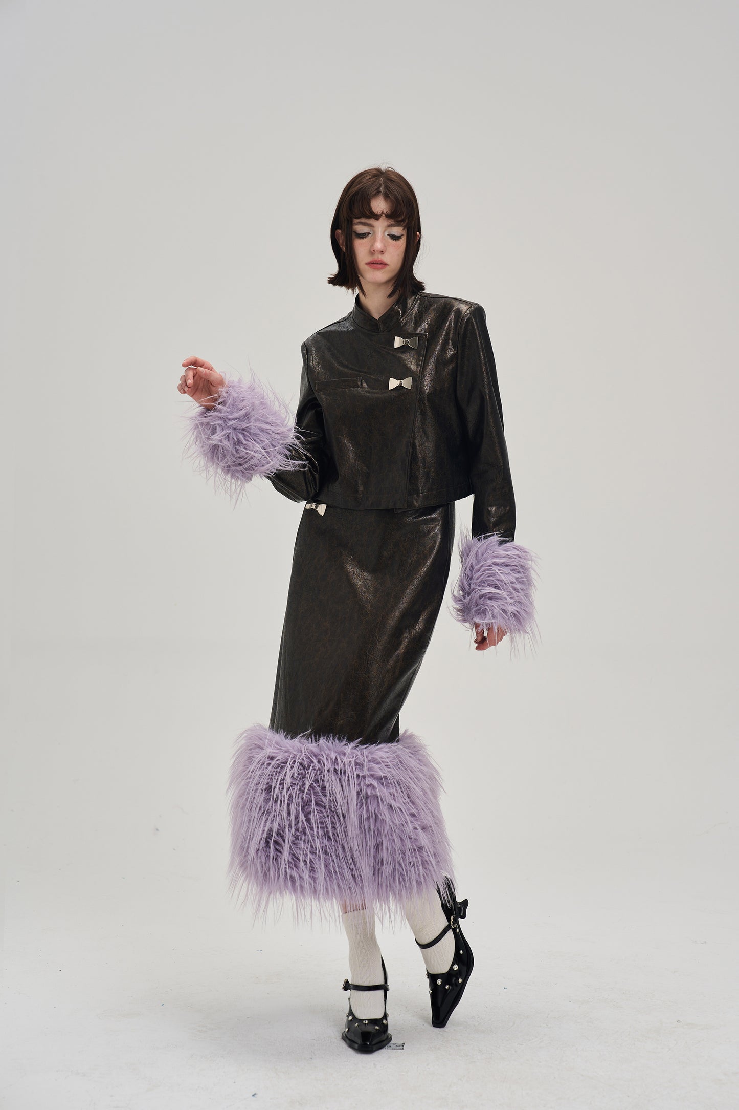 Fur short length leather jacket & fur long length leather skirt