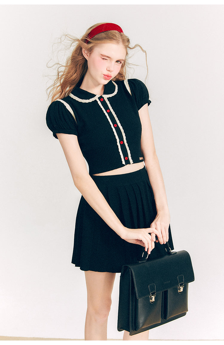 Puff Sleeve Short Length Knit & Pleated Short Length Skirt Setup