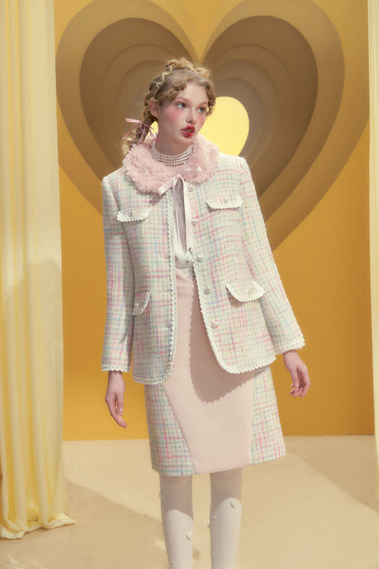 Pink checkered wool blazer ribbon set-up