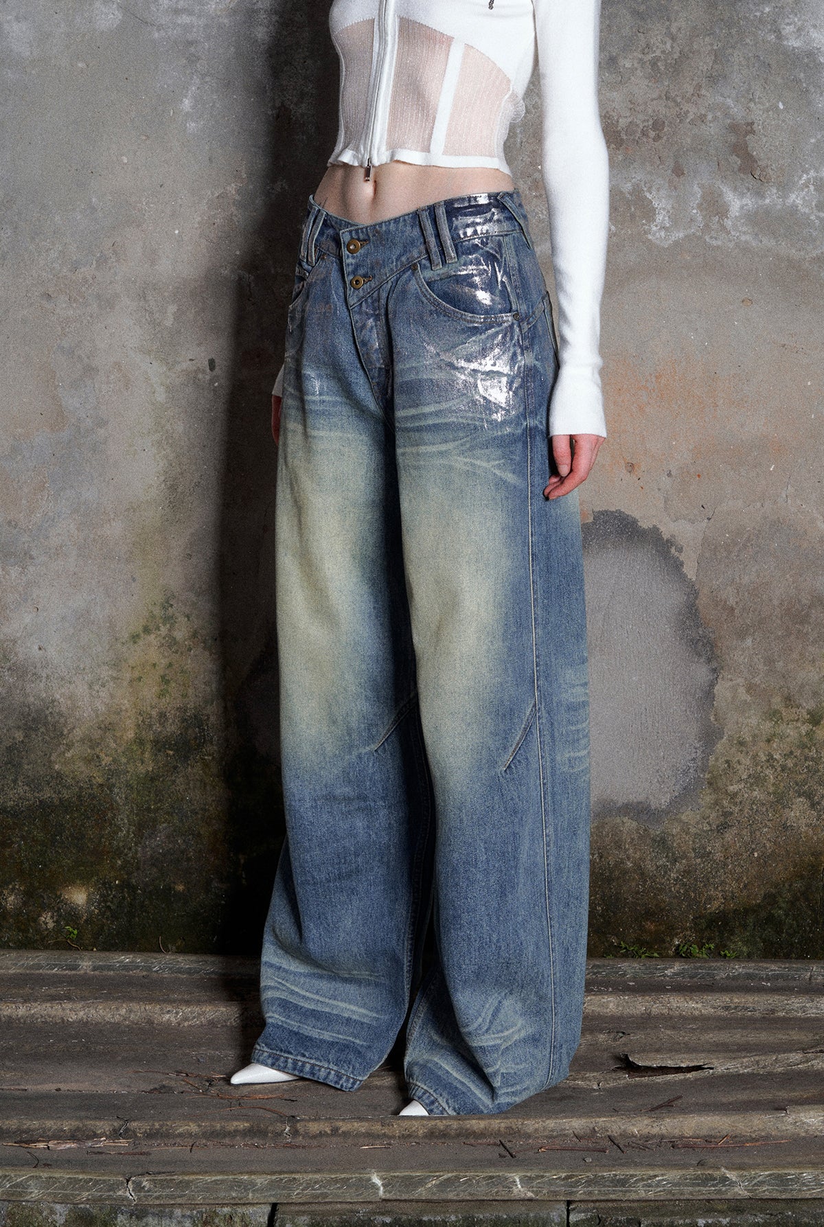 Irregular Waist Wide Straight Washed Denim