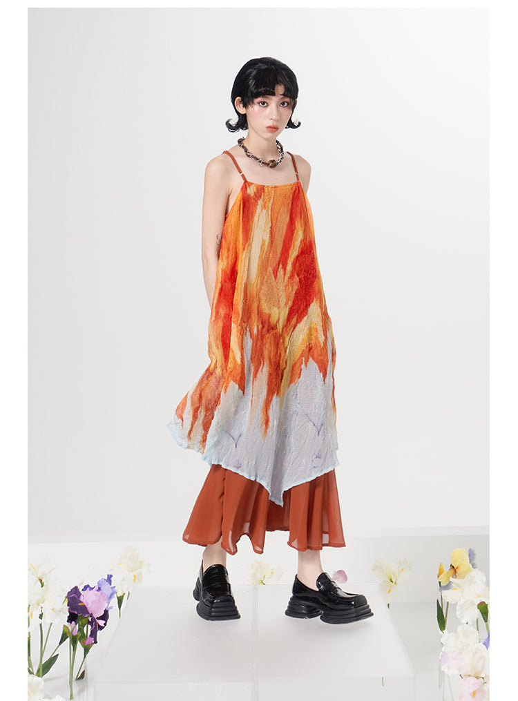 Tie-dye pattern square neck suspender dress