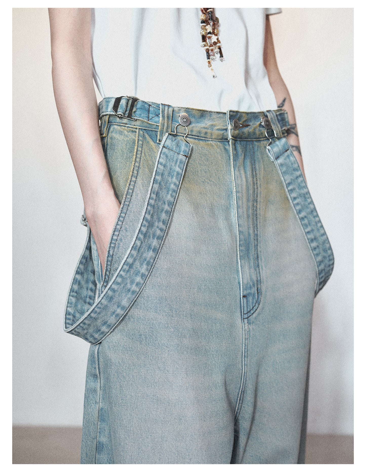 Retro Washed Casual Denim Suspender Pants