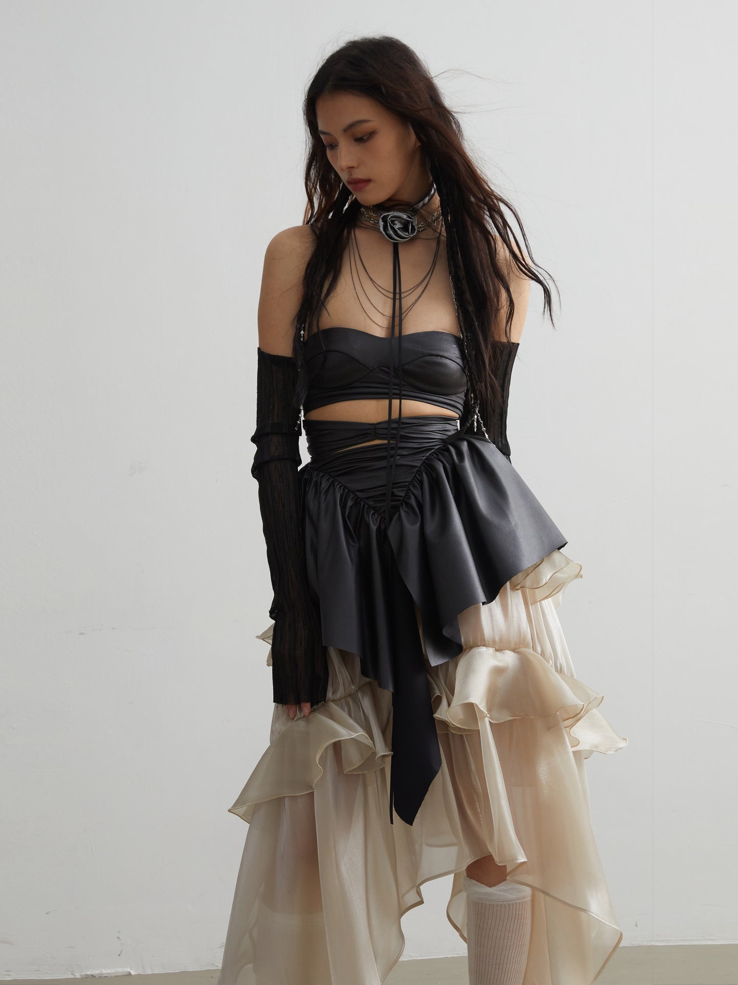 Nude Glossy Ruffle Goldfish Skirt