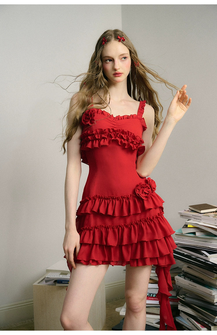 Relaxed French Red Suspender Dress