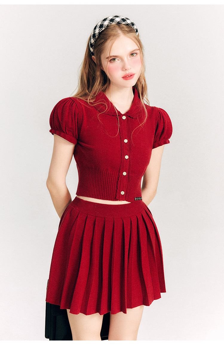 Puff Sleeve Short Length Knit & Pleated Short Length Skirt Setup