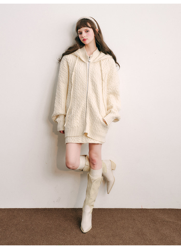 Rabbit ears hooded knit cardigan&Skirt