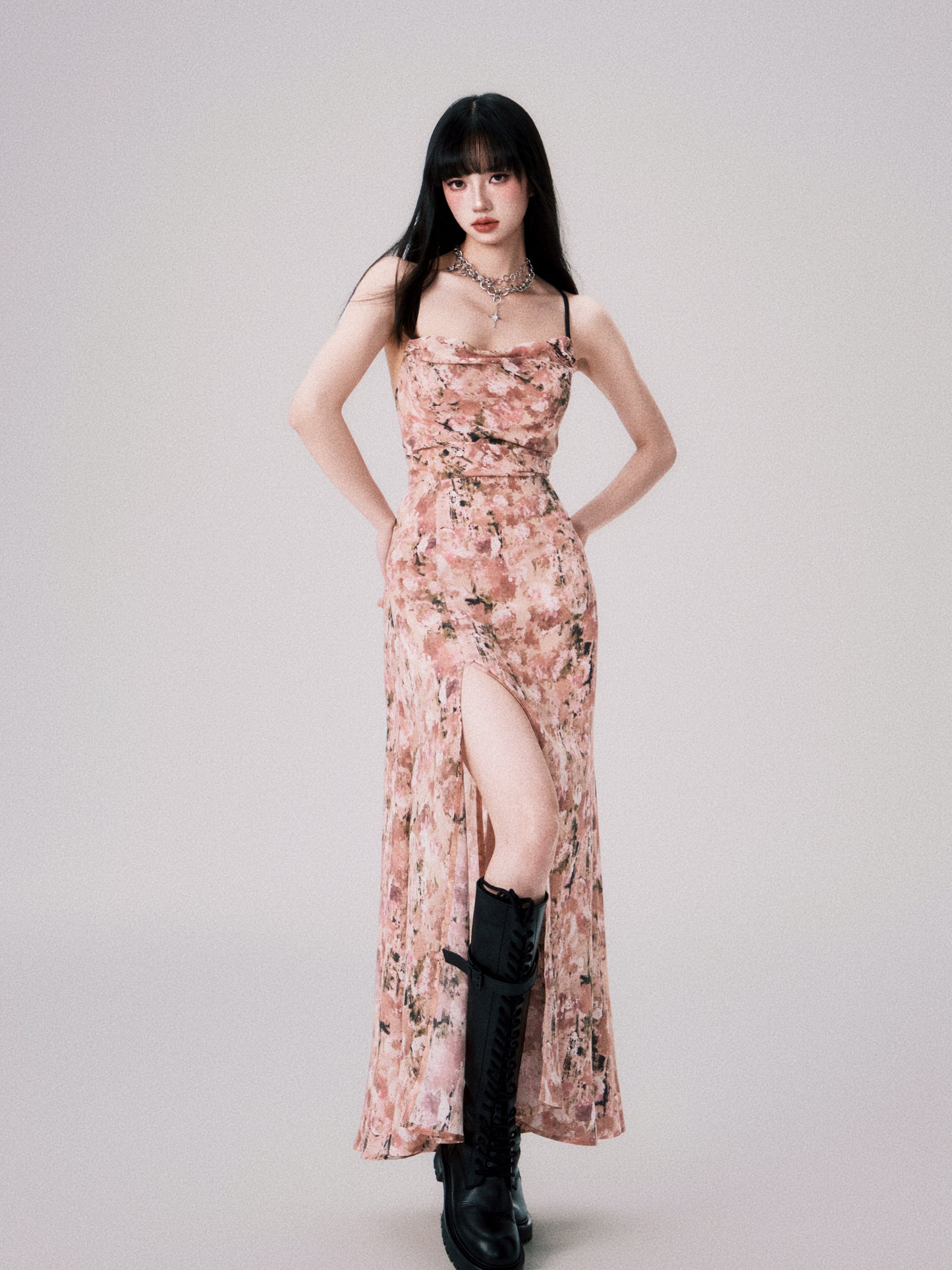 Slim fit floral slit suspender dress