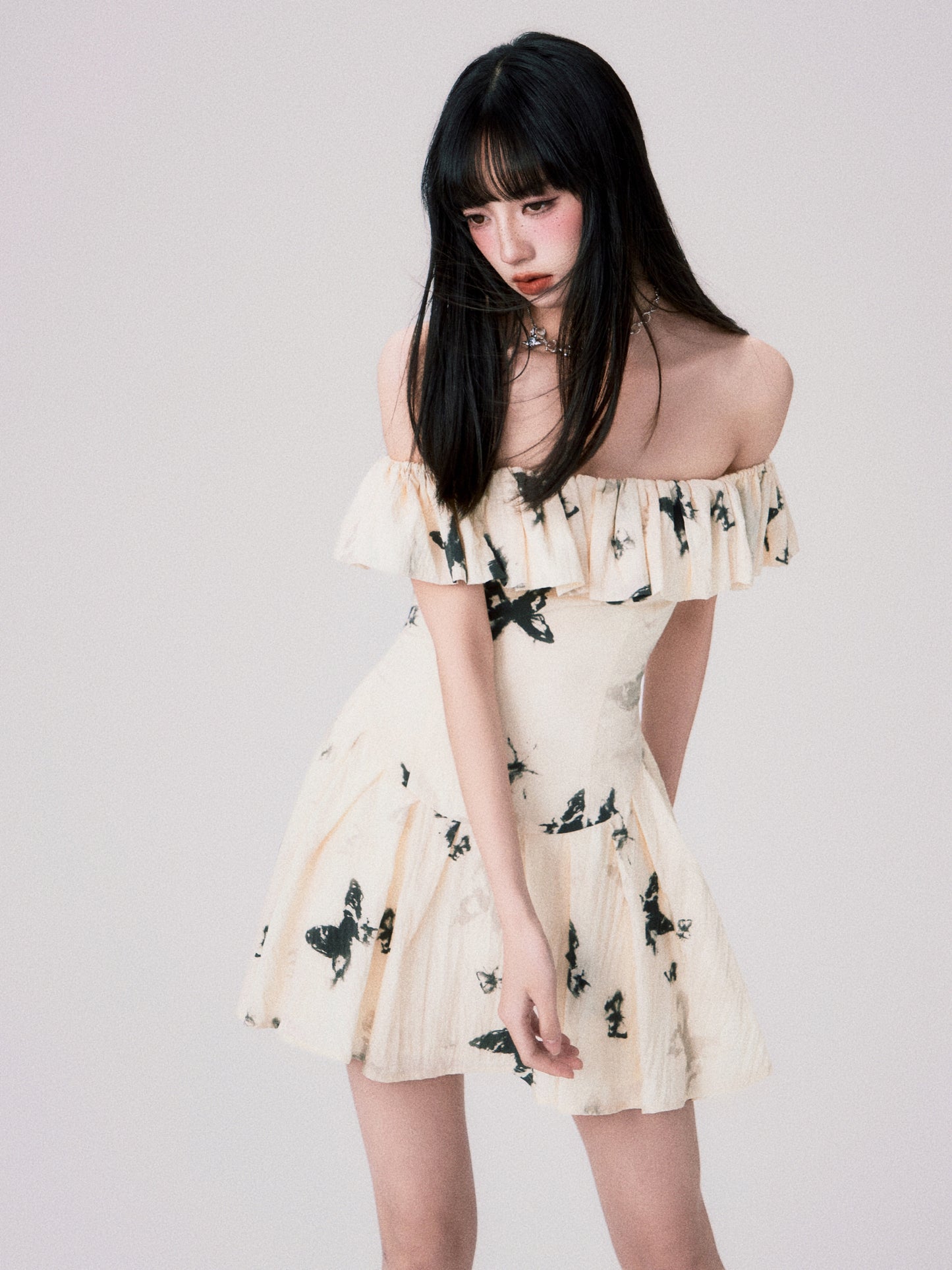 Off Shoulder French Butterfly Print Dress