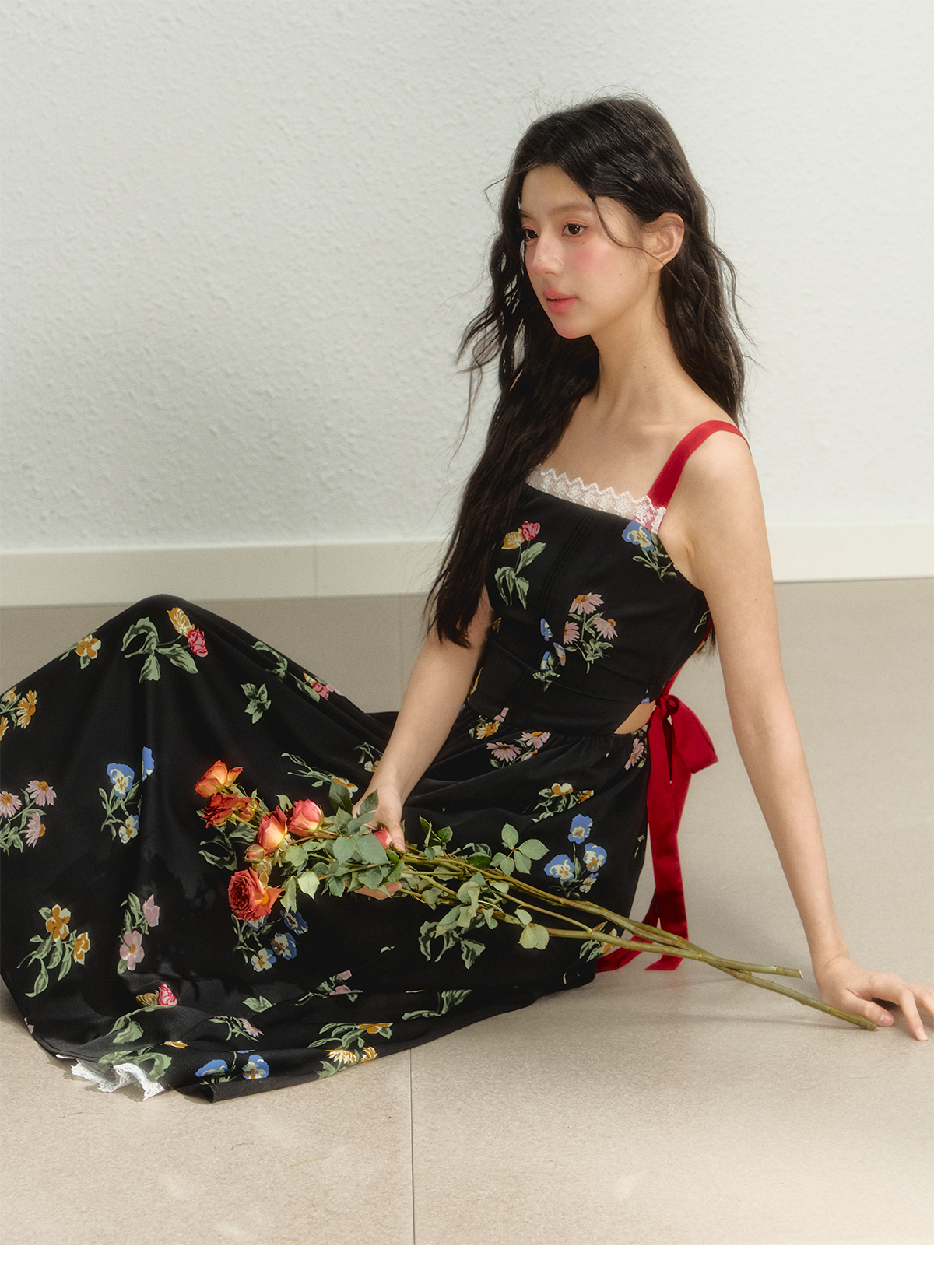 Floral Pattern Waist Suspender Skirt