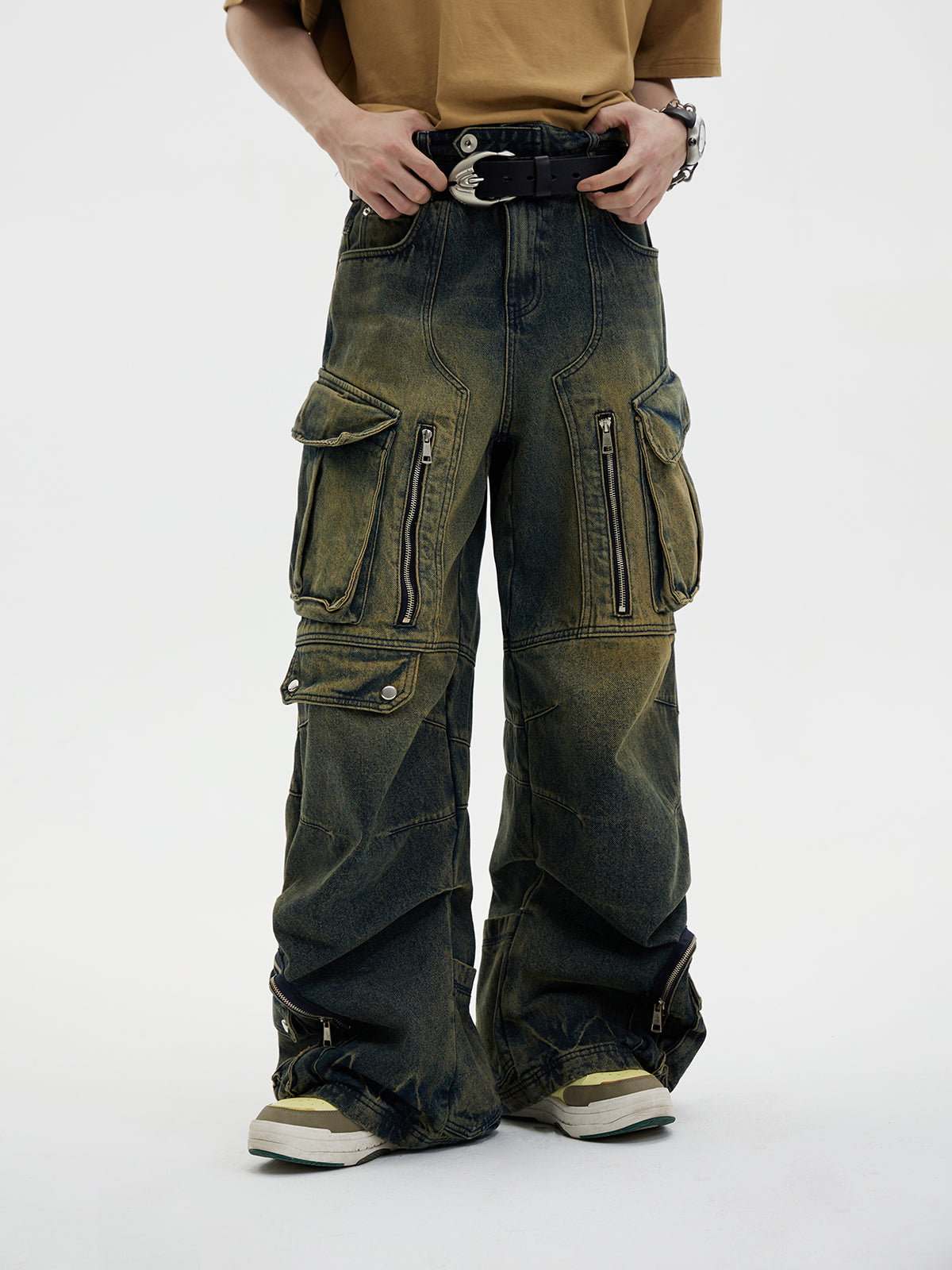 Loose Straight Double Waist Multi Pocket Pants